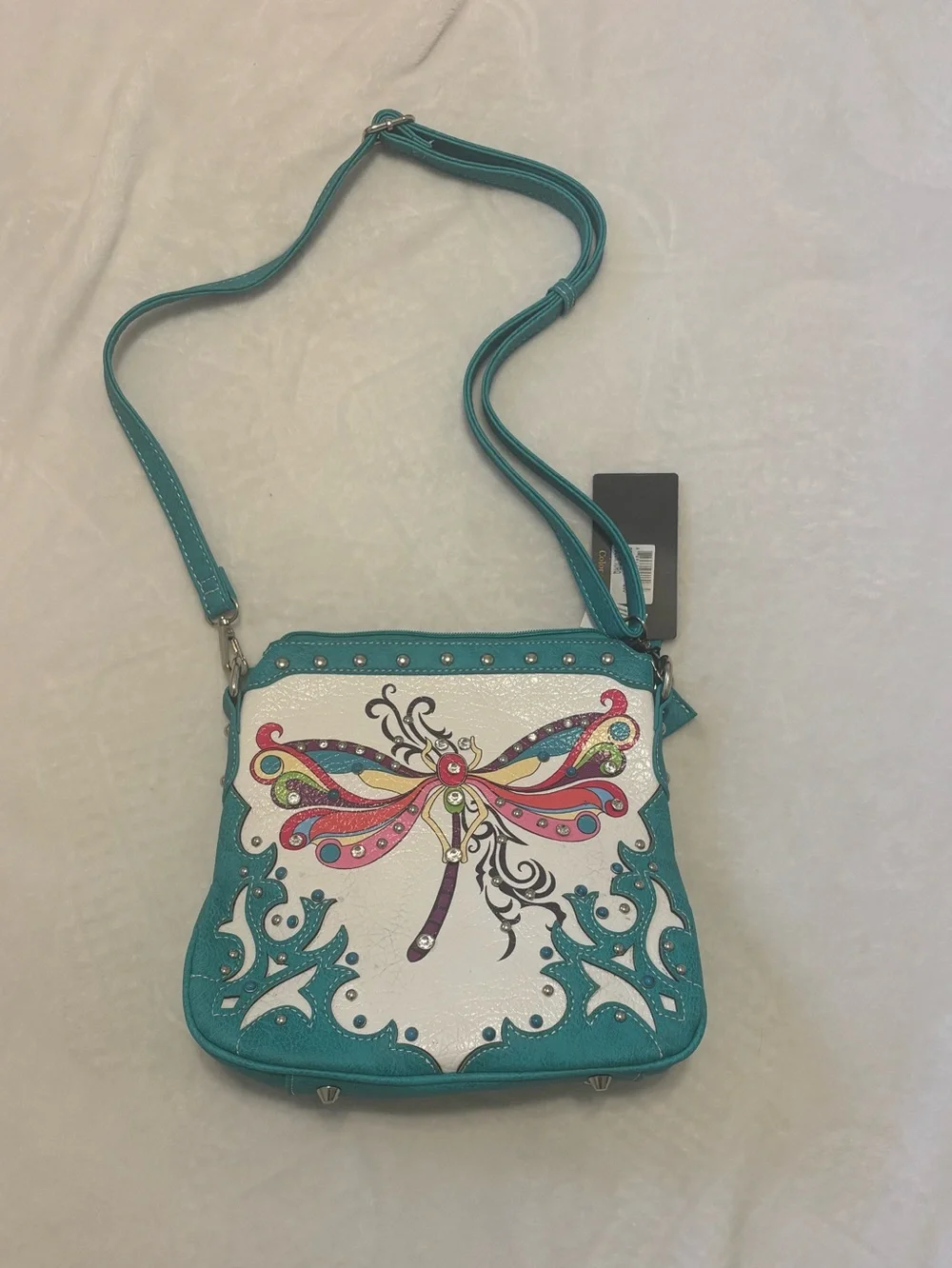 Teal Dragonfly Embroidered Crossbody Bag